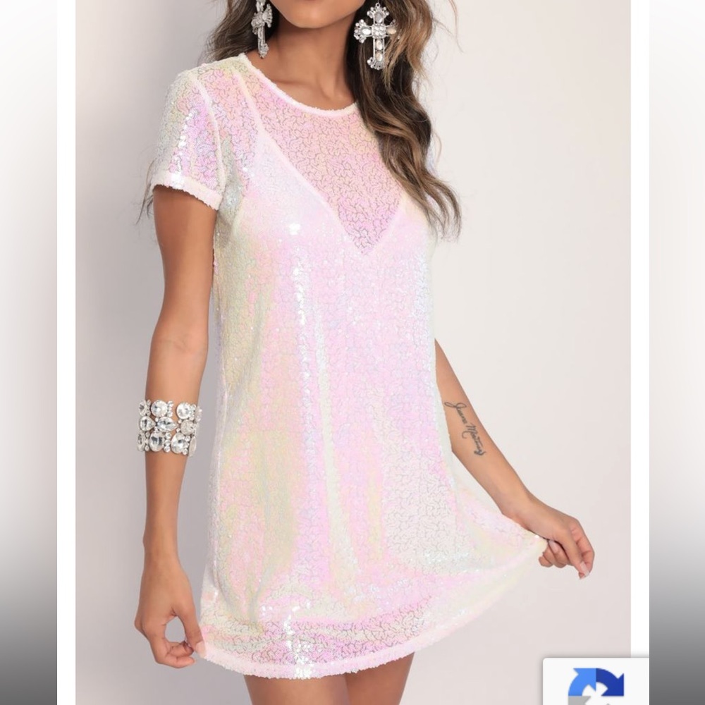 Lucy in the Sky, Party Sequin Shift Dress in White Iridescence (L)